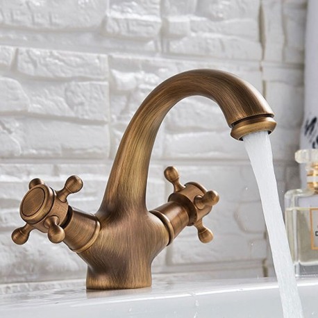 Retro washbasin faucet, antique brass vintage style double command