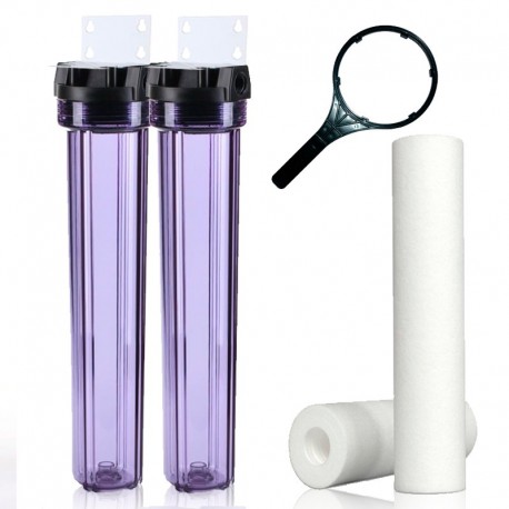 Double water filter with 3/4" connection, 5 and 20 micron sediment cartridge