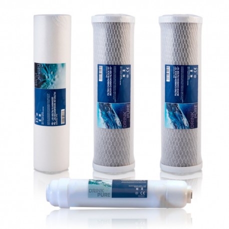 Pack 4 Water Filters for Universal RO 5 stages, 1 Sediment, 2 CTO and 1 Post Filter with quick connection