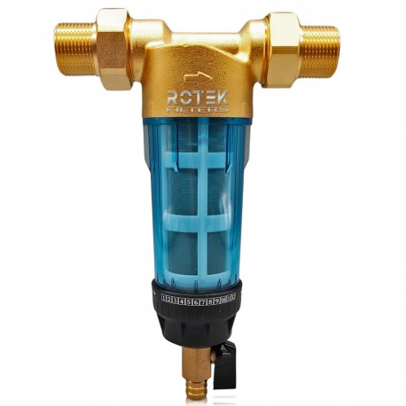 Brass water filter with self-cleaning stainless steel mesh