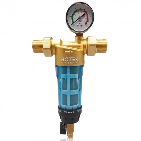 Brass water filter with self-cleaning stainless steel mesh with manometer