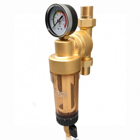 Pre-water filter with high flow pressure gauge and centrifugal washing valve, 360º installation