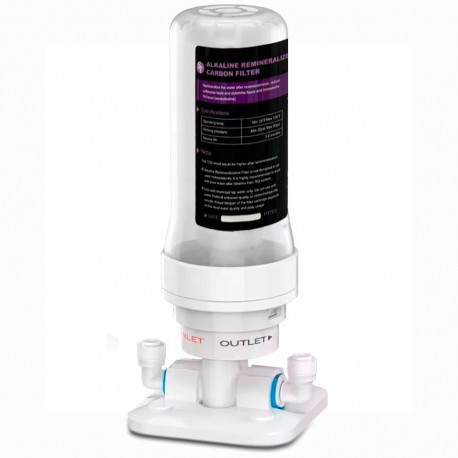 Inline water postfilter for reverse osmosis systems with alkaline remineralization