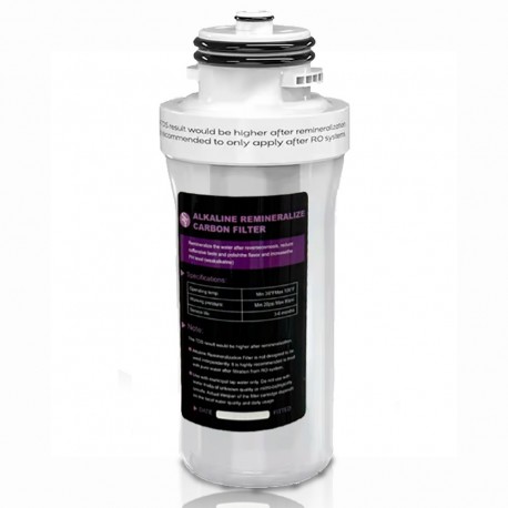 Inline water postfilter for reverse osmosis systems with alkaline remineralization