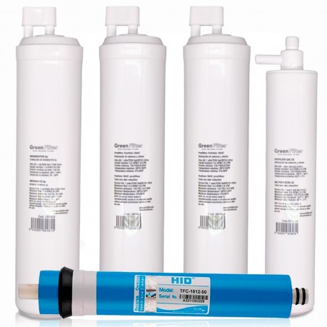 Kit of 4 replacement filters for reverse osmosis, Green Filter brand, type CS, with CS post-filter and ro membrane