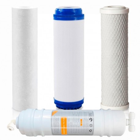 Pack 4 Water Filters for Universal RO 5 stages, 1 Sediment, 2 CTO and 1 Post Filter with quick connection