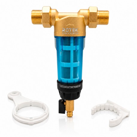 Brass water filter with self-cleaning stainless steel mesh